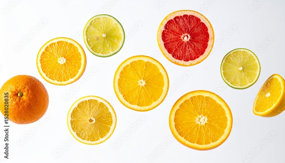 sliced citrus fruits floating in the air against a clean white background sliced citrus fruits floating in the air against a clean white background