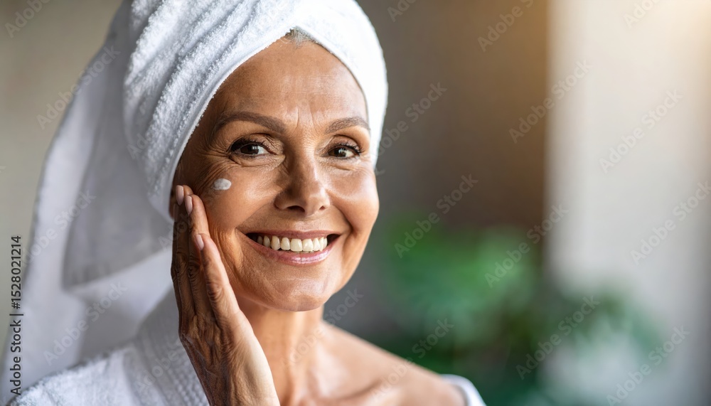 Happy senior woman applying facial cream with a towel on her head, showcasing skincare routine and natural beauty in a bright setting Happy senior woman applying facial cream with a towel on her head, showcasing skincare routine and natural beauty in a bright setting