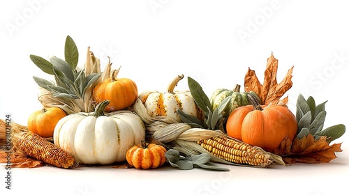 Autumn arrangement of pumpkins corn and sage leaves on a white background seasonal decoration