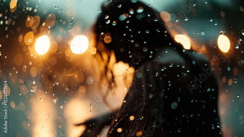 In a dimly lit environment, a silhouette dances in the rain, embodying a moment of reminiscence and freedom, enhanced by the soft glow of surrounding lights.