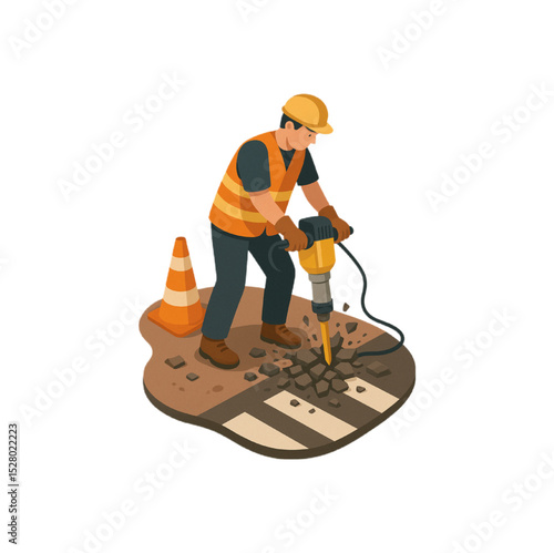 Construction worker using a jackhammer to repair a damaged road surface near a pedestrian crossing featuring safety cones and a white background.