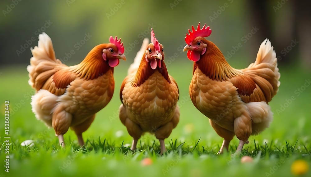 Fototapeta premium Three chickens feed on natural farm. Domestic birds peck grass, barnyard fowl cluster. Autumn colors, rural scene evokes farming, agriculture themes. Healthy organic food, created with generative ai