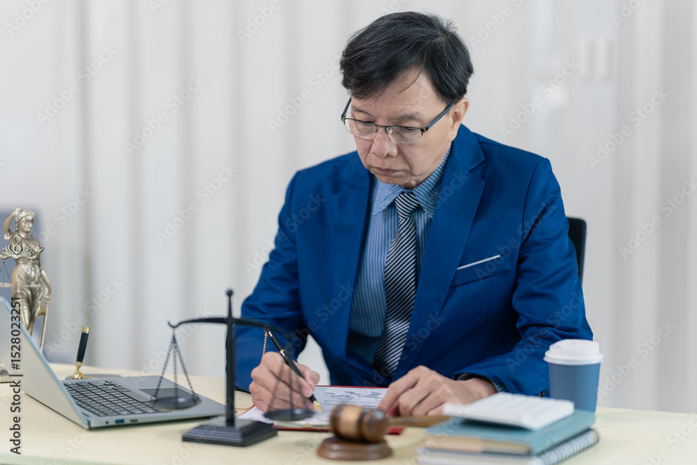 Fototapeta premium Asian male lawyer working in office with laptop and scales, judge's gavel, reading law book in office for lawyer consulting concept