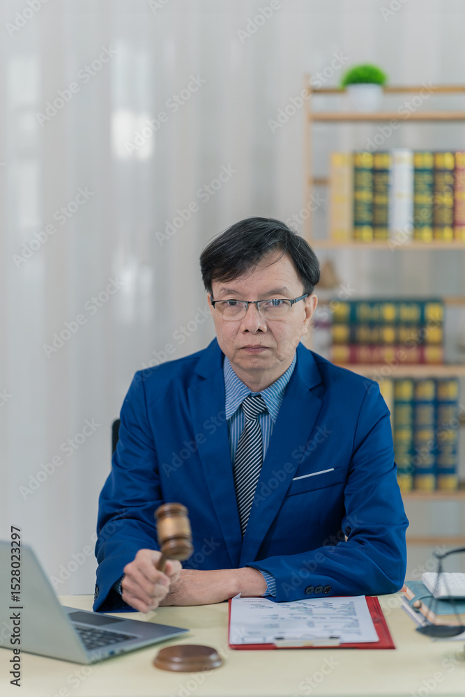 Asian male lawyer working in office with laptop and scales, judge's gavel, reading law book in office for lawyer consulting concept Asian male lawyer working in office with laptop and scales, judge's gavel, reading law book in office for lawyer consulting concept