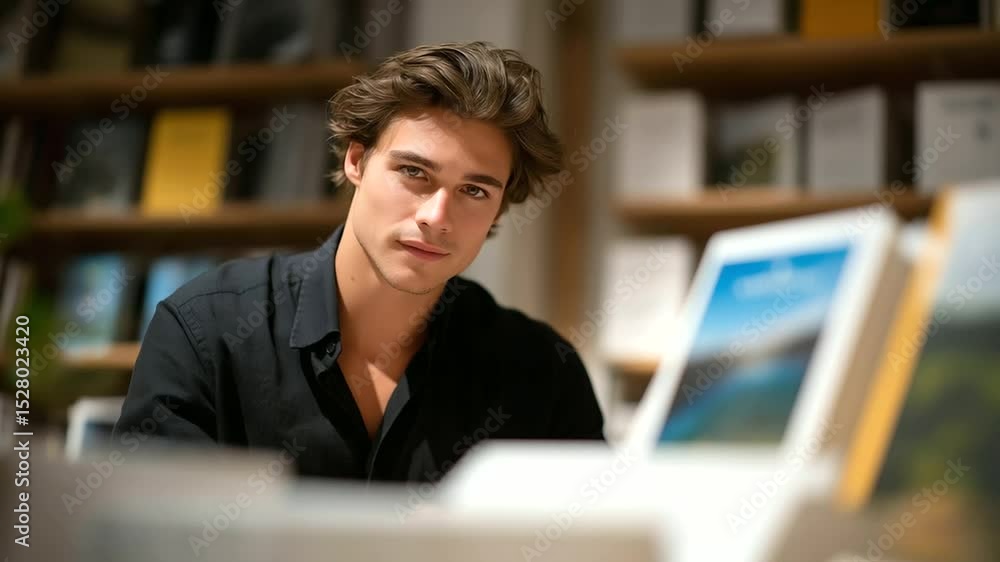A young man browsing colorful books in a cozy bookstore A young man browsing colorful books in a cozy bookstore
