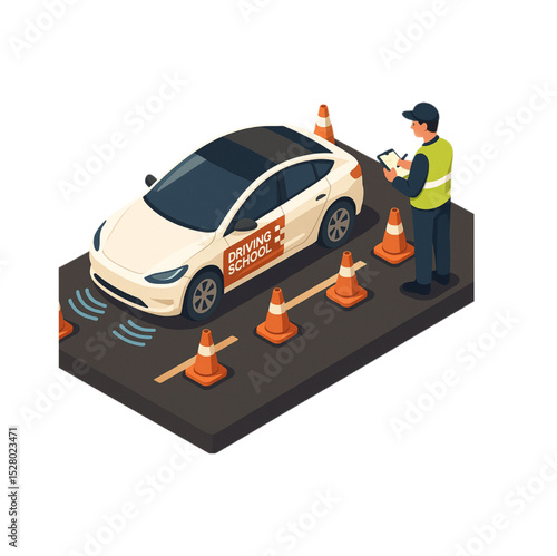 Driving School Car Test Isometric Illustration Featuring a White Vehicle Navigating Cones and an Instructor Taking Notes