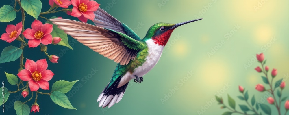 Fototapeta premium vivid hummingbird in an illustrative style, using emerald and coral tones, delicate lines, natural patterns, tranquil setting, high resolution