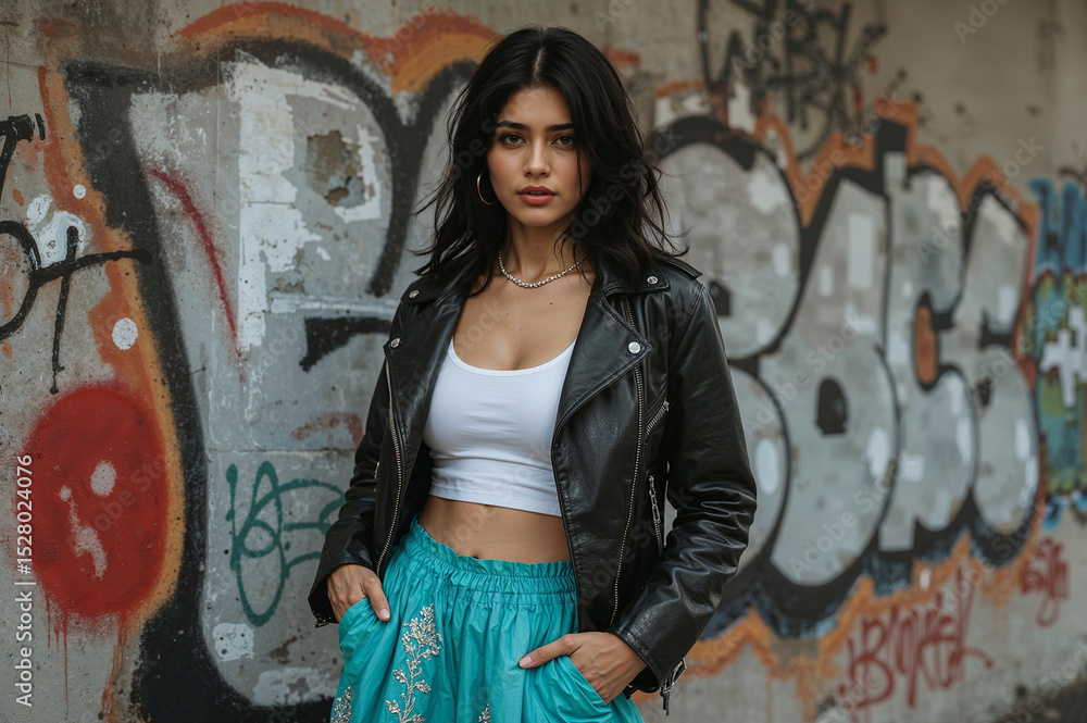 Naklejka premium Rebellious Spirit: Modern Woman with Vibrant Graffiti