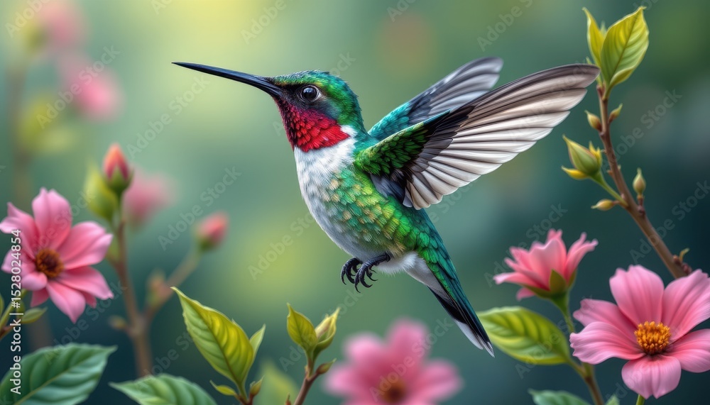 Fototapeta premium vivid hummingbird in an illustrative style, using emerald and ruby tones, delicate lines, natural patterns, tranquil setting, high resolution