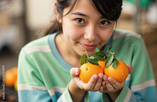 Young woman holding vibrant oranges with green leaves outdoors.