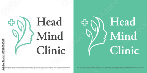 Mind health logo design illustration. Woman silhouette leaf plus health. Mental health clinic geometric icon symbol abstract simple minimal.