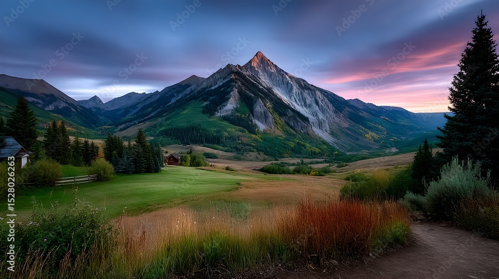 Fototapeta premium Majestic Mountain Valley Sunrise Landscape with Cabins and Lush Green Grass