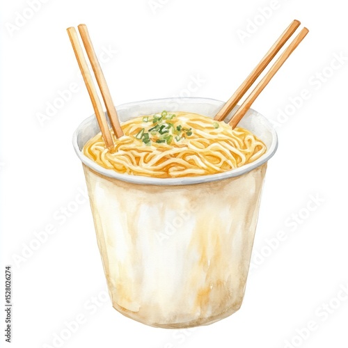 Watercolor illustration of instant noodles in a paper cup