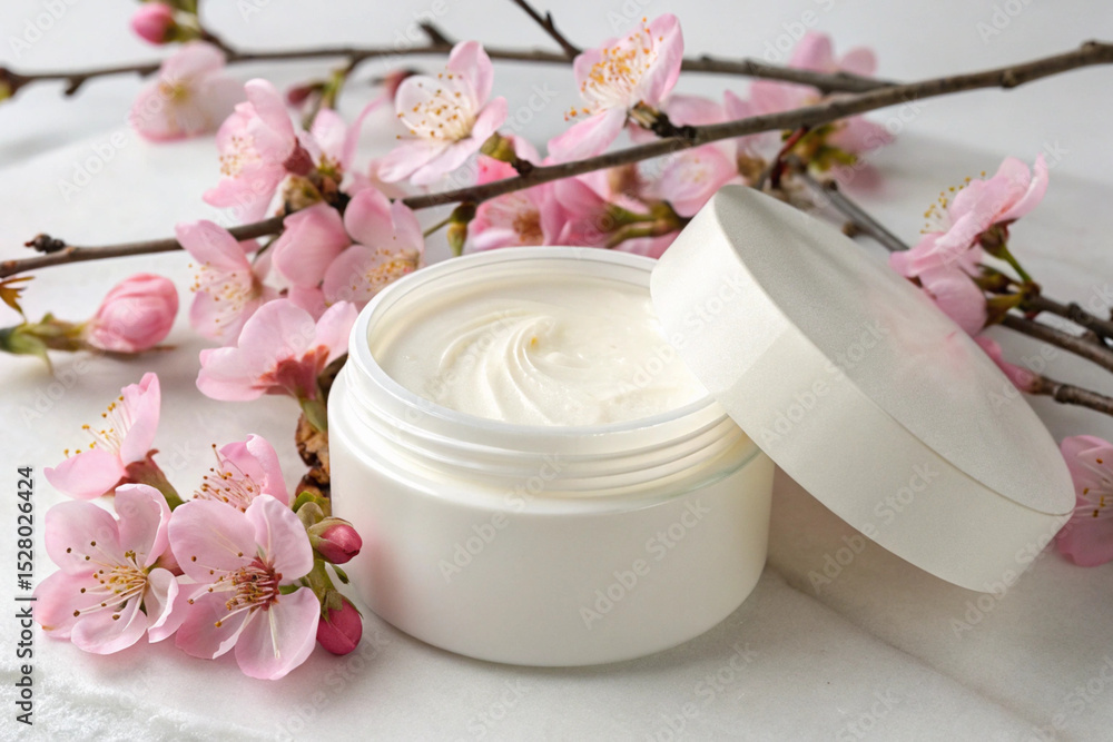 Serene image of a beauty cream tub amidst natural pink cherry blossoms, evoking tranquility. Serene image of a beauty cream tub amidst natural pink cherry blossoms, evoking tranquility.