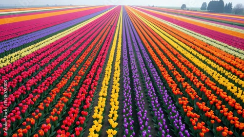Rows of vibrant, multicolored tulips stretch into the distance in a large flower field.