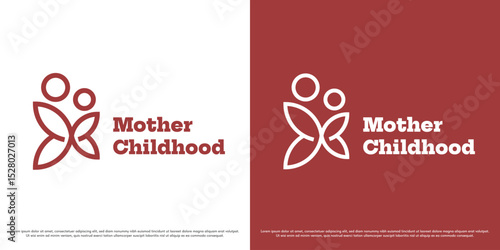 Mother child birth logo design illustration. Mother child butterfly silhouette. Simple minimal motherhood icon symbol.