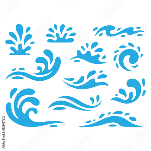Blue Water Waves and Splashes Vector Set on White Background Graphic Elements
