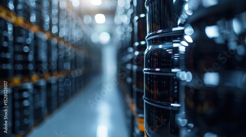 A close-up shot of shiny black storage containers in a warehouse, depicting order and efficiency in an industrial setting while emphasizing modern design and organization.
