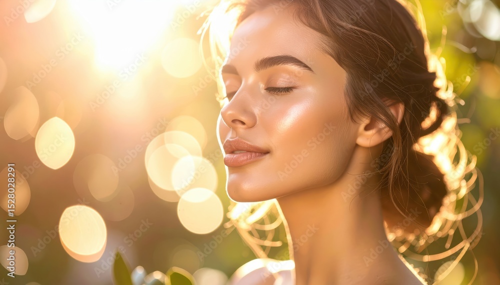 Fototapeta premium Young woman with glowing skin enjoying sunlight in a dreamy outdoor setting surrounded by blurred bokeh lights