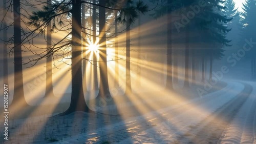 Sunlight streams through tall pine trees in a misty snowy forest, creating dramatic golden rays and long shadows across the serene landscape.