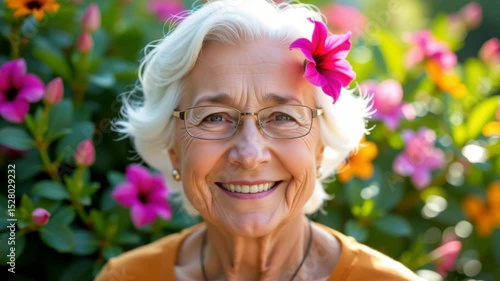 An elderly woman with white hair and glasses smiles joyfully, wearing a pink flower in her hair, surrounded by colorful blooming flowers outdoors.