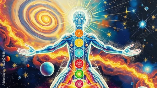 Enlightened Human Form in Meditation with Chakra Alignment and Cosmic Background