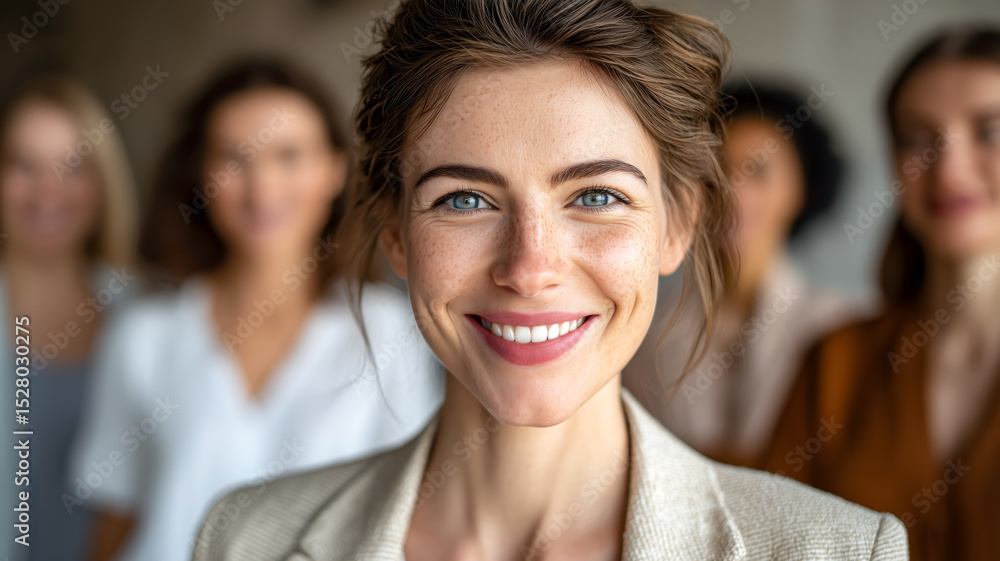Obraz premium Smiling professional woman with diverse colleagues. A picture of team spirit, leadership, and workplace diversity and inclusion. 