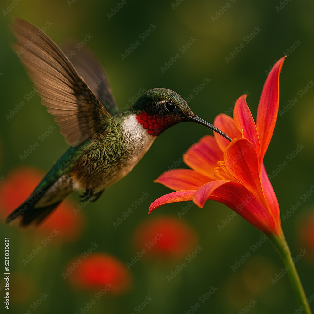 Naklejka premium Hummingbird hovering in front of red flower, wings spread wide, beak extended towards flower.