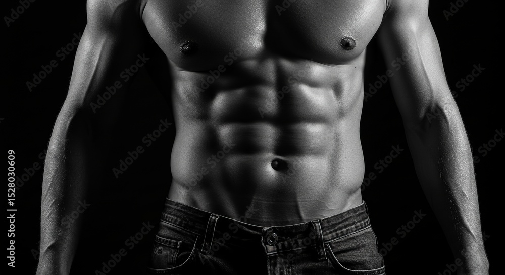 Fototapeta premium Muscular Torso with Abs, Black and White, Showing Athleticism and Fitness