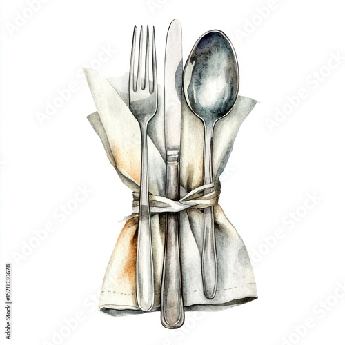 Watercolor illustration of a napkin folded with cutlery