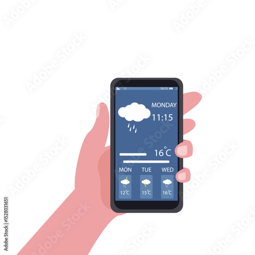Hand holding smartphone rainy weather forecast on the phone screen with a weather forecast icon vector illustration.