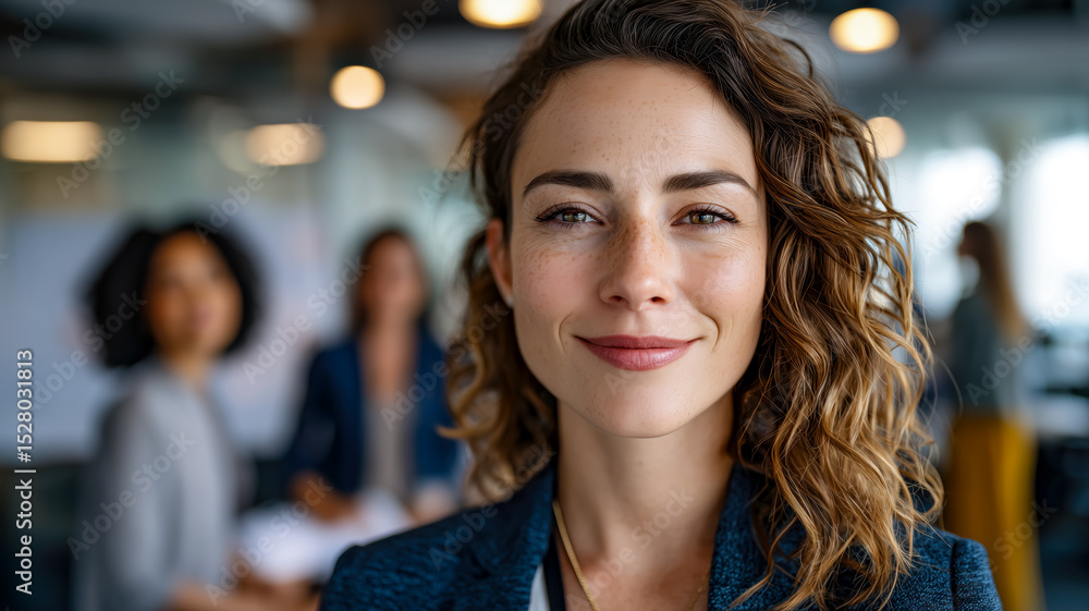 Confident professional with a warm smile, exuding poise and determination in a modern office setting, with colleagues in the background. Confident professional with a warm smile, exuding poise and determination in a modern office setting, with colleagues in the background.