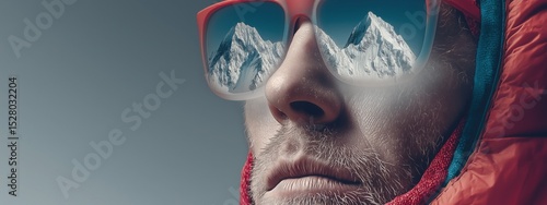 Mountaineer wearing sunglasses reflecting snowy mountain peaks