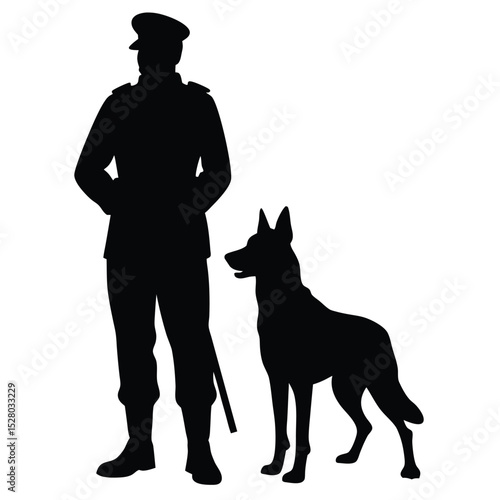 Silhouette Illustration Officer in Uniform Standing Beside a Military Working Dog