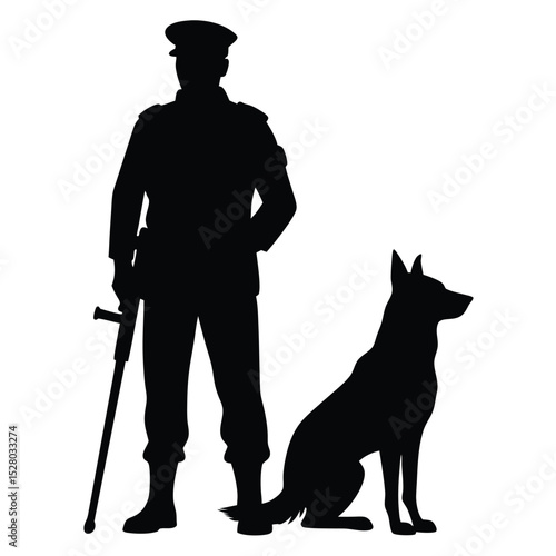 Silhouette of a Guard and a Sitting German Shepherd Dog Companionship