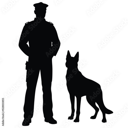 Silhouetted Police Officer Standing Guard with Loyal Canine Partner in Solid Black