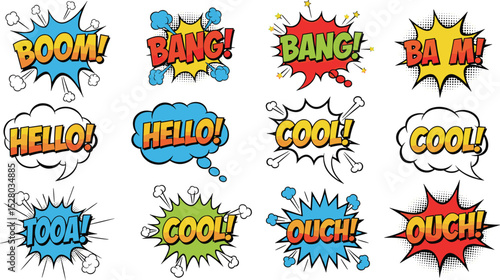 A set of twelve colorful cartoon speech bubbles in a pop art style. Features phrases like Boom, Bang, Cool, Hello, Ouch, Tooa, and Ba M. Perfect for adding a touch of retro fun to your designs.