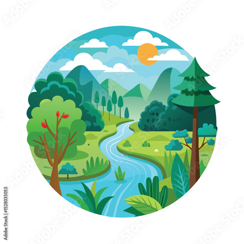 Flat vector natural reserve with river and trees