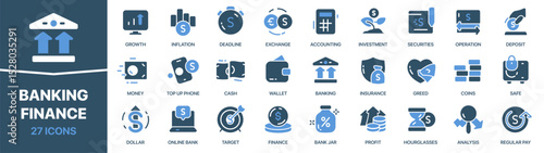 Banking and finance colored signed icon collection. Money, accounting, deposit, wallet, coins icons. UI icon set. Colored icons pack. Vector illustration