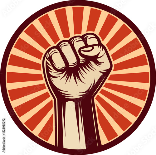 Fotografie Vintage Raised Fist in Radiating Circle – Symbol of Protest, Power, and Revoluti