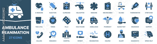 Ambulance and reanimation colored signed icon collection. Medicine, stretcher, healthcare, pharmacy, hospital icons. UI icon set. Colored icons pack. Vector illustration