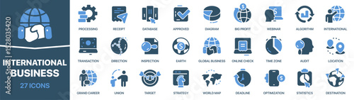 International business colored signed icon collection. Deal, diagram, webinar, union, audit, profit icons. UI icon set. Colored icons pack. Vector illustration