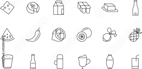 Collection of Food and Drink Line Icons  A Diverse Set of Vector Graphics for Menus, Websites, and Apps.  Perfect for Culinary Designs and Beverage Branding, Featuring Cheese, Fruit, Spices, and More!