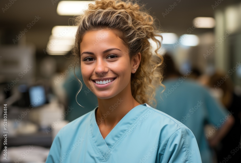 Fototapeta premium A smiling healthcare professional in scrubs stands confidently in a medical environment, embodying warmth and compassion towards patients in a clinical setting.