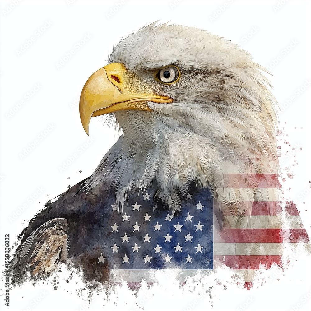 Naklejka premium A majestic eagle with detailed feathers and an American flag background.