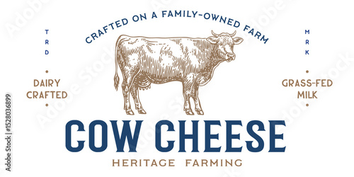 Cow cheese, milk, dairy. Cow cheese milk dairy label, vintage cow farm cheese artwork print. Pencil sketch milk dairy tag design, rural creamery cheese typography. Vector Illustration