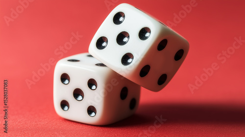 Two white dice are stacked on top of each other on a red background. Concept of anticipation and excitement, as if someone is about to roll the dice and see the outcome