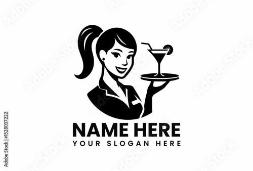 Elegant black vector logo of a happy waitress holding a cocktail tray for hospitality and food service branding  