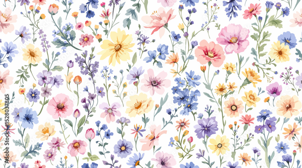 Fototapeta premium Floral Seamless Pattern Watercolor Flowers Isolated on Transparent Background, Floral Design