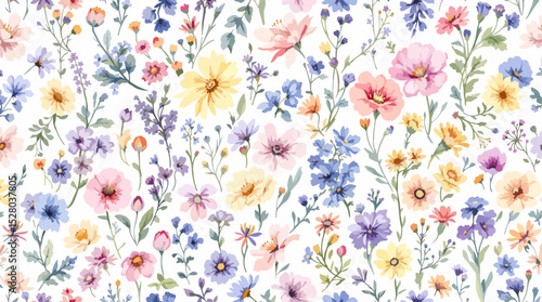 Floral Seamless Pattern Watercolor Flowers Isolated on Transparent Background, Floral Design